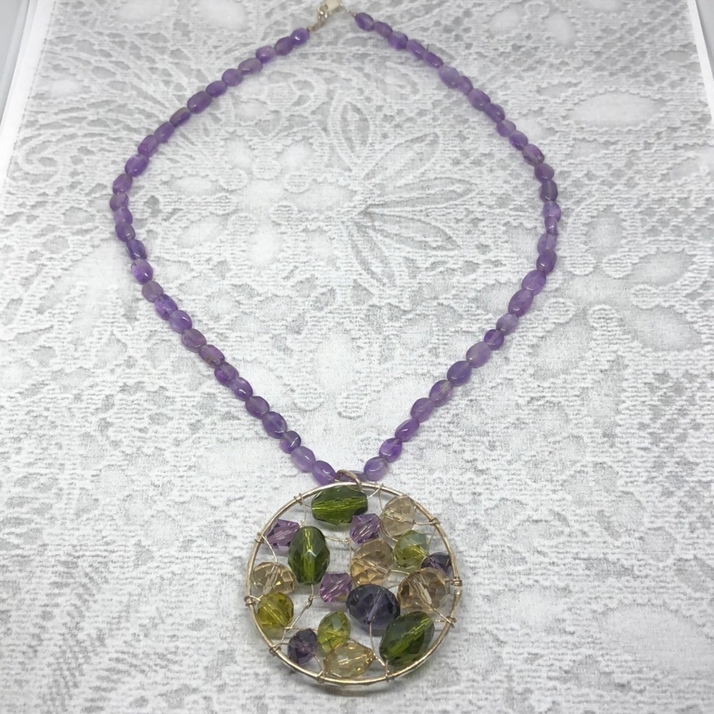 Upcycled sterling silver gemstones and crystals necklace pendant artisan boho
